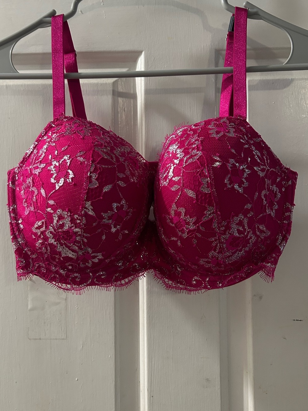 Victoria's Secret Fuchsia Lace Balconette Bra with Silver Detail